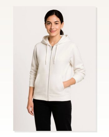 Kadın Sokak Stili Beyaz Üç İplik Kapüşonlu Tam Fermuarlı Kanguru Çepli Hoodie Sweatshirt
