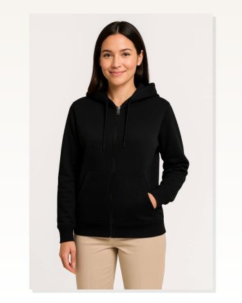 Kadın Sokak Stili Siyah Üç İplik Kapüşonlu Tam Fermuarlı Kanguru Çepli Hoodie Sweatshirt