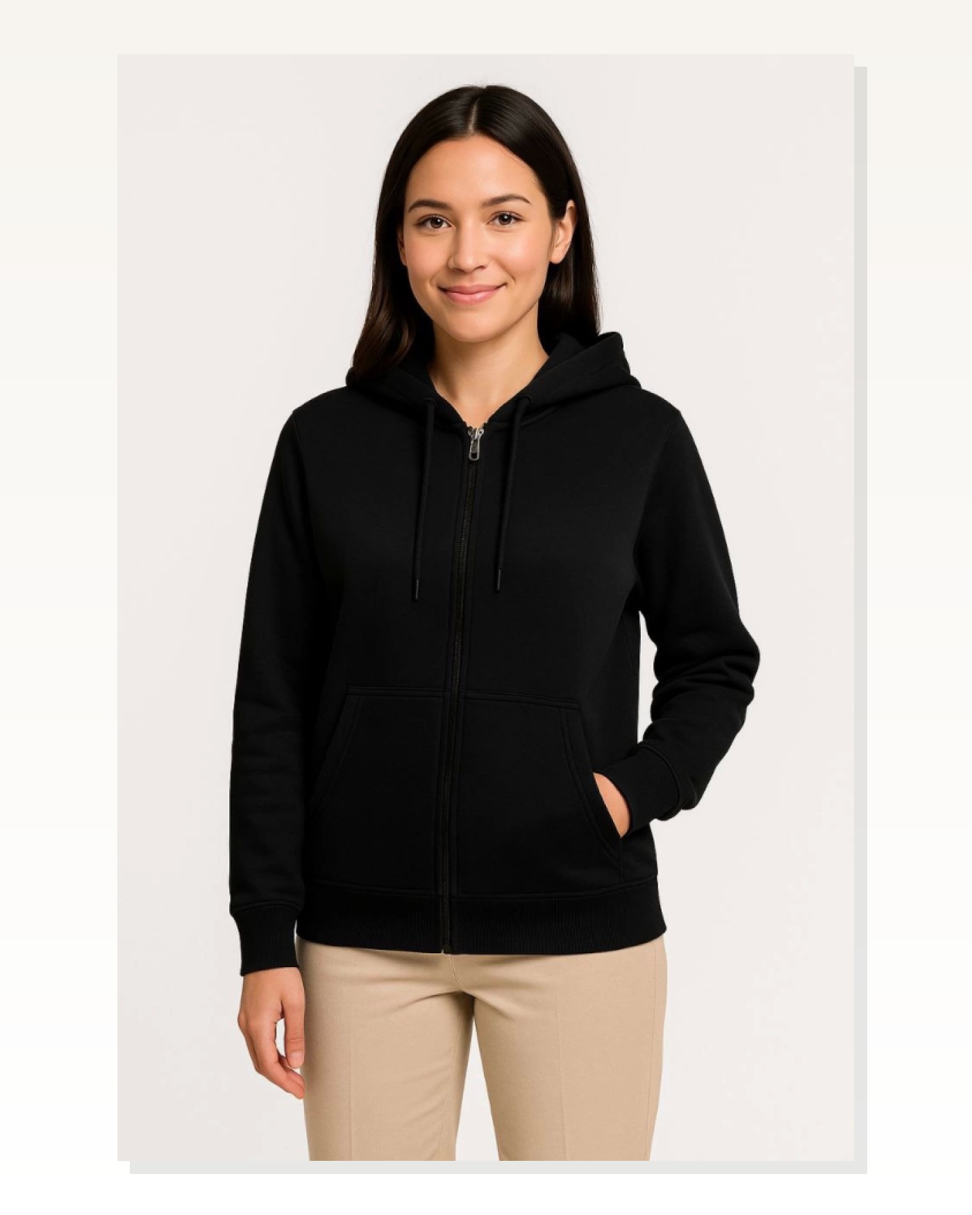 Kadın Sokak Stili Siyah Üç İplik Kapüşonlu Tam Fermuarlı Kanguru Çepli Hoodie Sweatshirt Marketplace blank