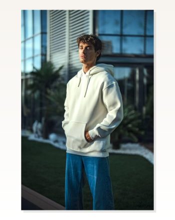 Kadın Sokak Stili Beyaz Üç İplik Penye Kapüşonlu Basic Sweatshirt