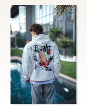 Kadın Baskılı Günlük Stil Beyaz Üç İplik Penye Kapüşonlu Sweatshirt