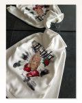 Üç İplik Penye Uzun Kol Kapşonlu Baskılı Sweatshirt Beyaz
