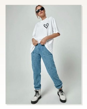 Unisex Günlük Stil Kar Beyazı Doğal Dokulu Pamuklu Oversize Tişört