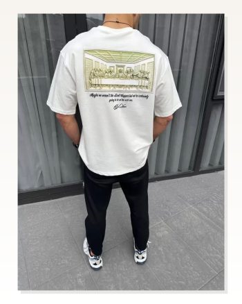 Baskılı Unisex Minimalist Çizim Beyaz Pamuklu Oversize Tişört