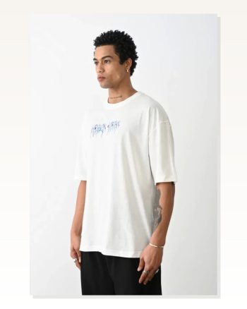 Unisex Günlük Stil Beyaz Doğal Dokulu Pamuklu Oversize Tişört