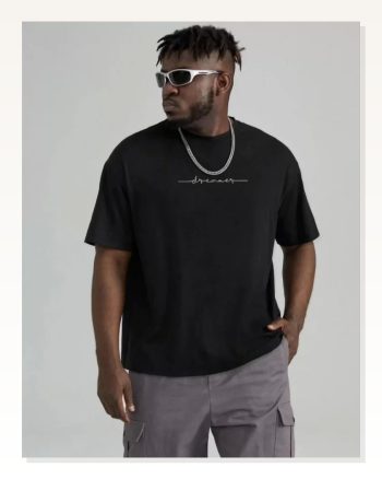 Basic Dokulu Unisex Günlük Stil Siyah Pamuklu Oversize Tişört
