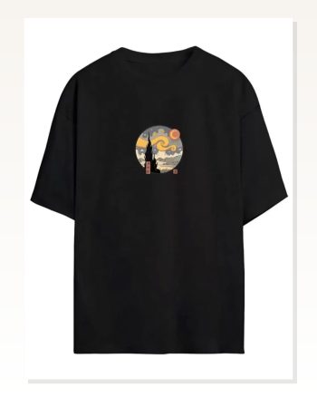 Unisex Günlük Stil Gece Siyahı Doğal Dokulu Pamuklu Oversize Tişört