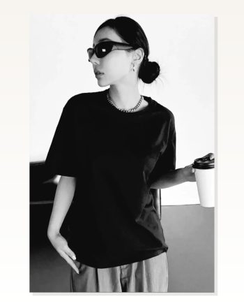 Basic Dokulu Unisex Günlük Stil Gece Siyahı Pamuklu Oversize Tişört