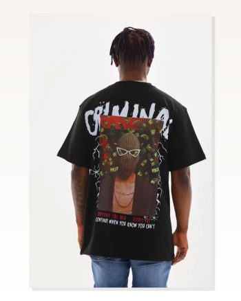 Unisex Siyah Minimalist Dokulu Oversize Bisiklet Yaka Tişört