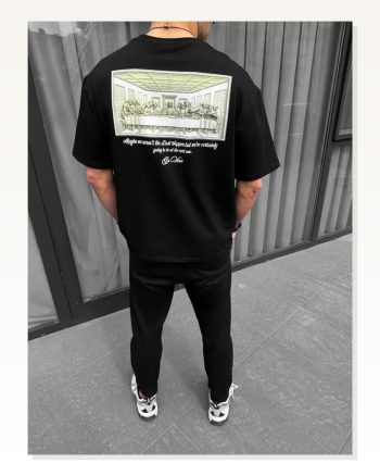 Baskılı Unisex Minimalist Çizim Siyah Pamuklu Oversize Tişört
