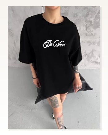 Grafik Baskılı Unisex Günlük Stil Tipografi Siyah Pamuklu Oversize Tişört