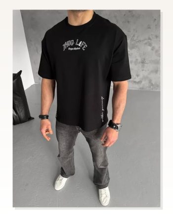 Baskılı Unisex Günlük Stil Soyut Figür Siyah Pamuklu Oversize Tişört