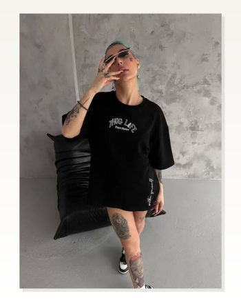 Modern Sanat Baskılı Unisex Siyah Pamuklu Oversize Tişört
