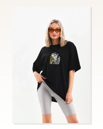 Baskılı Unisex Günlük Stil Mistik Siyah Pamuklu Oversize Tişört