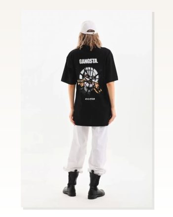 İllüstrasyon Baskılı Unisex Günlük Stil Siyah Pamuklu Oversize Tişört