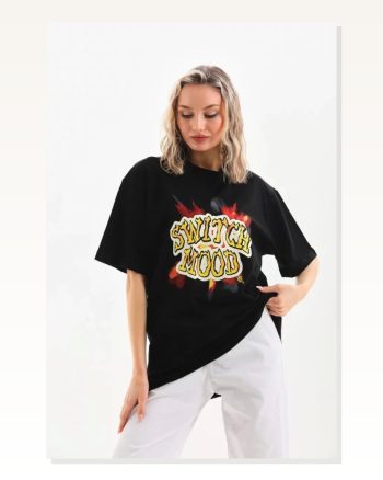 İllüstrasyon Baskılı Unisex Günlük Stil Siyah Pamuklu Oversize Tişört