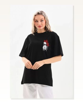Baskılı Unisex Günlük Stil Tipografi Siyah Pamuklu Oversize Tişört