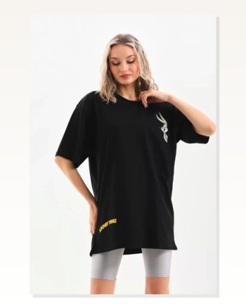Baskılı Unisex Günlük Stil Tipografi Siyah Pamuklu Oversize Tişört