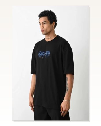 Unisex Günlük Stil Kömür Siyahı Doğal Dokulu Pamuklu Oversize Tişört