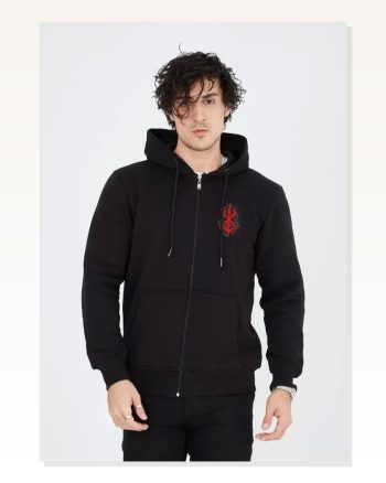 Kadın Baskı Detaylı Günlük Stil Siyah Tam Fermuarlı Kapüşonlu Sweatshirt