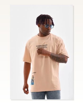 Unisex Bisiklet Yaka Baskılı Oversize T-shirt Bej