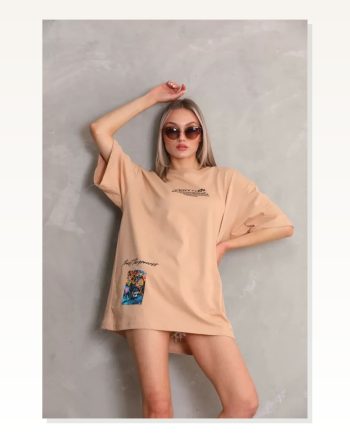 Baskılı Unisex Vizon Beji Minimalist Oversize Tişört