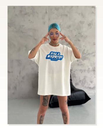 Unisex Günlük Stil Beyaz Future Design İllüstrasyonlu Oversize Tişört