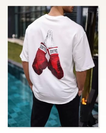 Baskı Detaylı Unisex Günlük Stil Beyaz Kristal Oversize Tişört