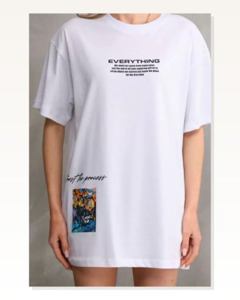 Baskılı Unisex Günlük Stil Beyaz Bulut Efektli Oversize Tişört
