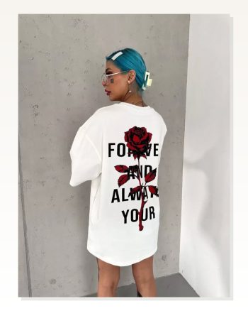 Baskı Detaylı Unisex Günlük Stil Beyaz Fine Art Oversize Tişört