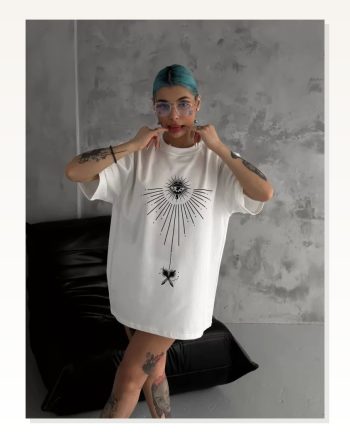 İllüstrasyon Baskılı Unisex Günlük Stil Beyaz Soft Dokulu Tişört