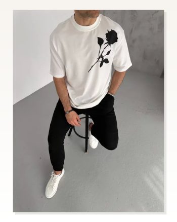 Baskı Detaylı Unisex Günlük Stil Beyaz Galaksi Oversize Tişört