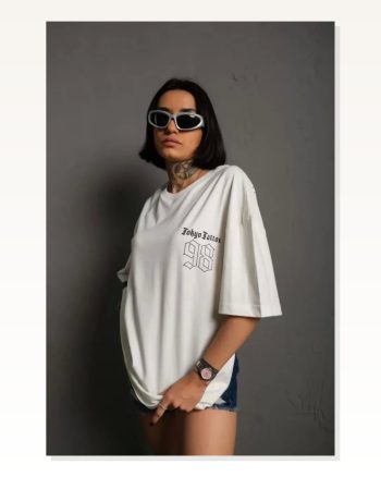 Baskılı Unisex Beyaz Minimalist Çizgi Oversize Tişört
