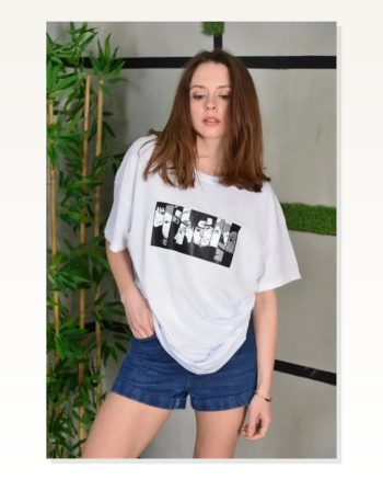Unisex Salaş Stil Yumuşak Tuşeli Beyaz Pamuklu Oversize Grafik Tişört