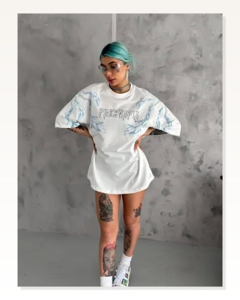 Baskılı Unisex Günlük Stil Beyaz Bisiklet Yaka Oversize Tişört