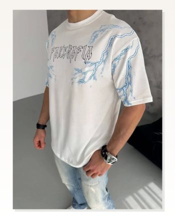 Baskılı Unisex Günlük Stil Beyaz Bisiklet Yaka Oversize Tişört