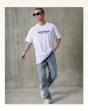 Baskılı Unisex Günlük Stil Beyaz Bisiklet Yaka Oversize Tişört