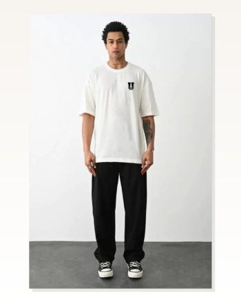 Baskılı Unisex Beyaz Minimalist Karakter Oversize Tişört