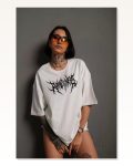 Baskılı Unisex Beyaz Minimalist Geometrik Desen Oversize Tişört