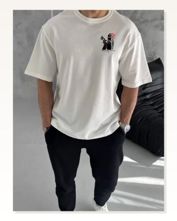 Sanatsal Baskılı Unisex Beyaz Premium Penye Oversize Tişört