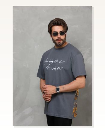Baskılı Unisex Günlük Stil Füme Rengi Eskitme Efektli Oversize Tişört