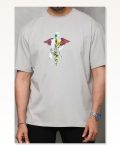 Baskılı Unisex Günlük Stil Koyu Gri Sanat Serisi Minimal Oversize Tişört