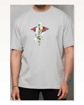Baskılı Unisex Günlük Stil Koyu Gri Sanat Serisi Minimal Oversize Tişört