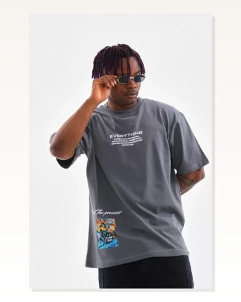 Unisex Bisiklet Yaka Baskılı Oversize T-shirt Gri