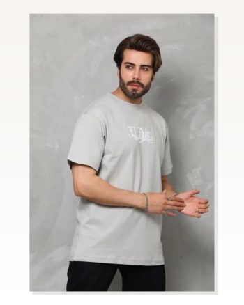 Baskılı Unisex Günlük Stil Gri Bisiklet Yaka Oversize Tişört
