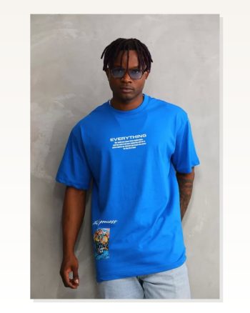 Unisex Bisiklet Yaka Baskılı Oversize T-shirt Mavi