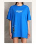 Baskılı Unisex Günlük Stil Okyanus Mavisi Yazı Oversize Tişört