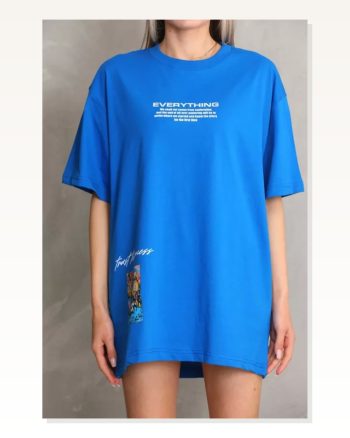 Baskılı Unisex Günlük Stil Okyanus Mavisi Yazı Oversize Tişört