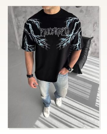 Baskılı Unisex Günlük Stil Siyah Gece Temalı Serigrafi Oversize Tişört