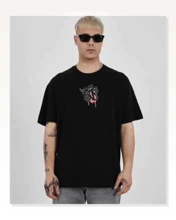 Baskılı Unisex Günlük Stil Siyah Bisiklet Yaka Oversize Tişört